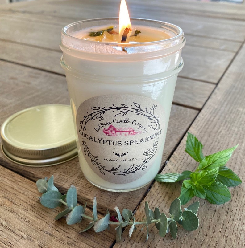 Eucalyptus Spearmint Aromatherapy Candle All-Natural Soy Wax & Dried Herbs Essential Oil Infused Odor Eliminating Toxin Free Eucalyptus Spearmint