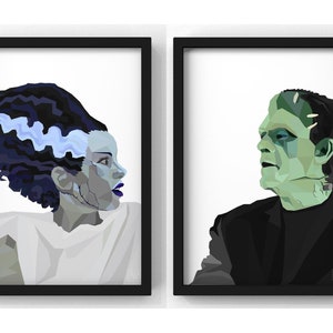 Frankenstein and Bride Wall Art Set | Frankenstein Halloween Decor | Spooky Season Decor | Classic Horror Artwork