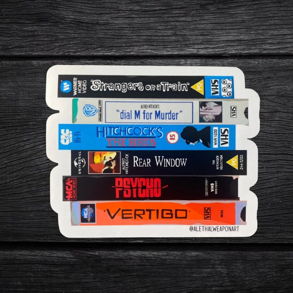 Alfred Hitchcock VHS Stack Vinyl Sticker | Classic Horror Movies VHS Stickers | Horror Stickers