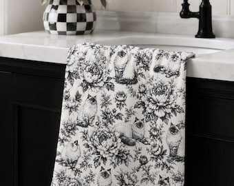 Black & White Cat Hand Towel, Peony Floral Bathroom Decor, Cottagecore Cat Kitchen Towel, French Country Cat Decor, Grandmillennial gift