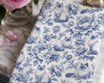 Blue Peony Cat Hand Towel, French Country Bathroom Decor, Blue White Floral Tea Towel, Cottagecore Cat Kitchen Towel, Peony Decor