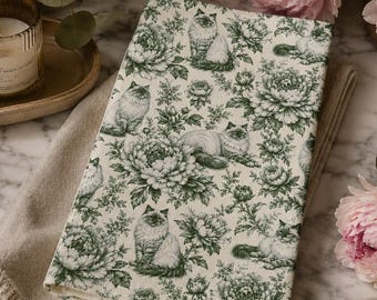 Green Peony Ragdoll Cat Hand Towel, French Country Bathroom Decor, Cottagecore Cat Kitchen Towel, Botanical Cat Tea Towel, Cat Lover Gift