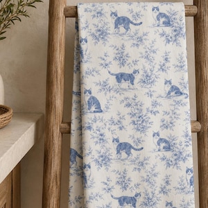 Blue Toile Cat Hand Towel, French Country Bathroom Decor, Cottagecore Cat Kitchen Towel, Vintage Cat Tea Towel, Blue White Guest Bath Decor image 1