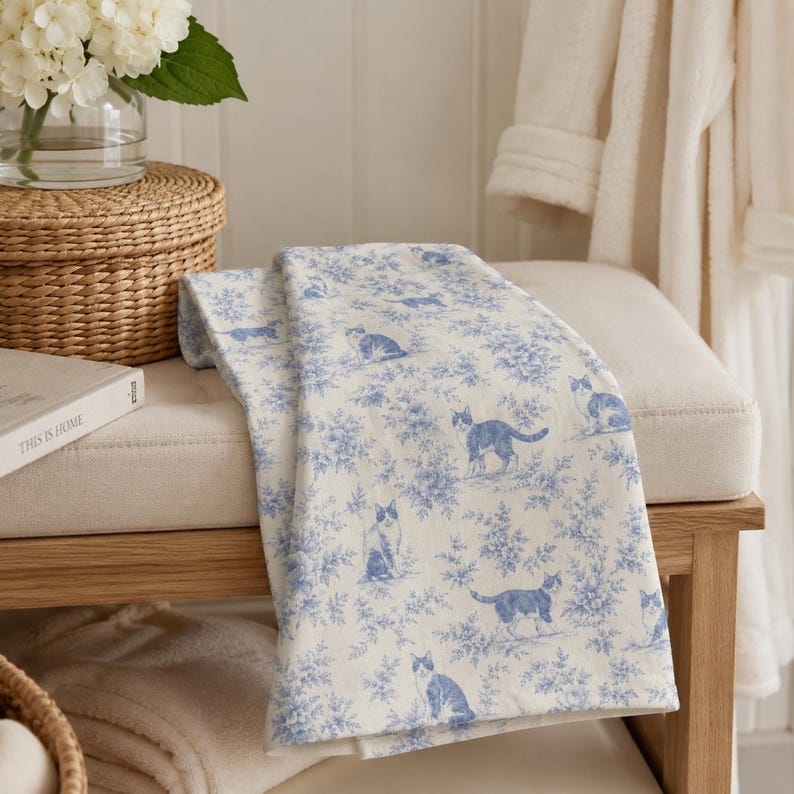 Blue Toile Cat Hand Towel, French Country Bathroom Decor, Cottagecore Cat Kitchen Towel, Vintage Cat Tea Towel, Blue White Guest Bath Decor image 4