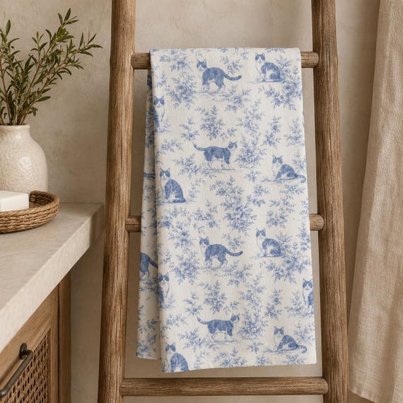 Blue Toile Cat Hand Towel, French Country Bathroom Decor, Cottagecore Cat Kitchen Towel, Vintage Cat Tea Towel, Blue White Guest Bath Decor