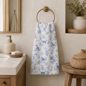 Blue Toile Cat Hand Towel, French Country Bathroom Decor, Cottagecore Cat Kitchen Towel, Vintage Cat Tea Towel, Blue White Guest Bath Decor image 3