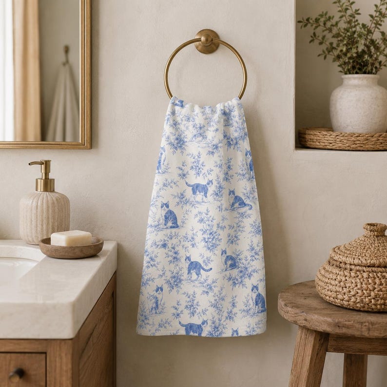Blue Toile Cat Hand Towel, French Country Bathroom Decor, Cottagecore Cat Kitchen Towel, Vintage Cat Tea Towel, Blue White Guest Bath Decor image 3