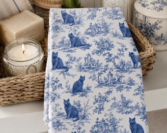 Blaue Toile Katze Handttuch, Vintage Katze Geschirrtuch, Cottagecore Katze Geschirrtuch, französisches Landhaus Dekor