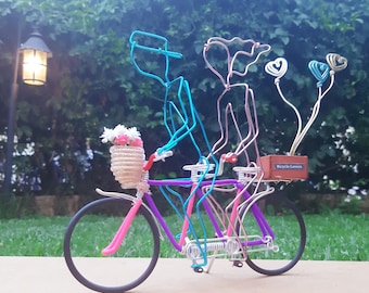 Miniature romantic tandem bicycle. Hand made bike. Hand crafted aluminium wire.