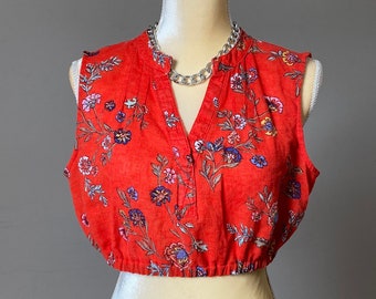 Crop Top, Linen, Cotton, Sleeveless, V Neck, Pullover, Music Festival, Red Floral, Reworked Vintage Blouse, Size S