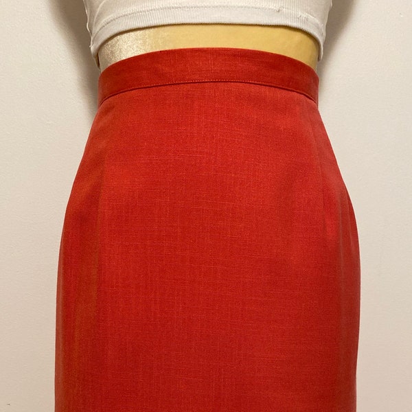 Vintage 80s Coral Lined Straight Skirt, Above The Knee, High Waist, Back Slit, Bright Color, Dressy Casual