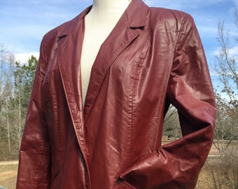 Vintage Leather Jacket, Late 70's-Early 80's, Burgundy, Trench, Size M