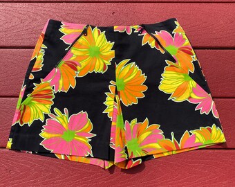 1980s Cache Skort, Vintage, Black, Tropical, Neon, Size M