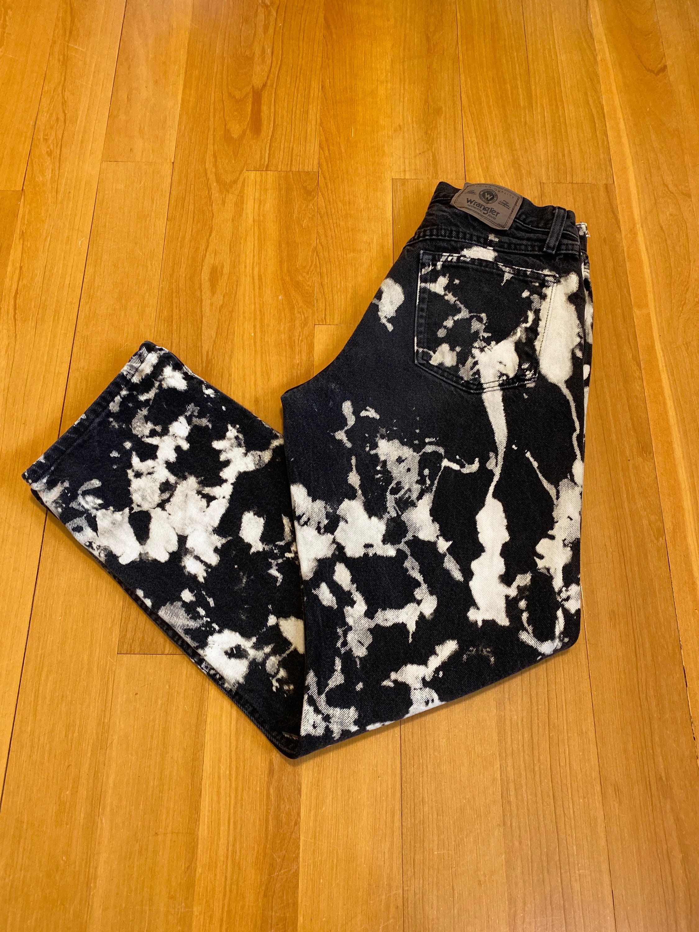 Vintage 1980s Wrangler Jeans, Black Denim, Bleach Dyed Vintage 1980s Wrangler Jeans, Black Denim, Bleach Dyed