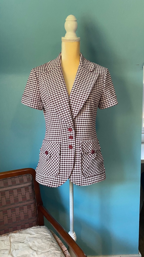 70s Blazer, Burgundy Houndstooth, Short Sleeve, Fi