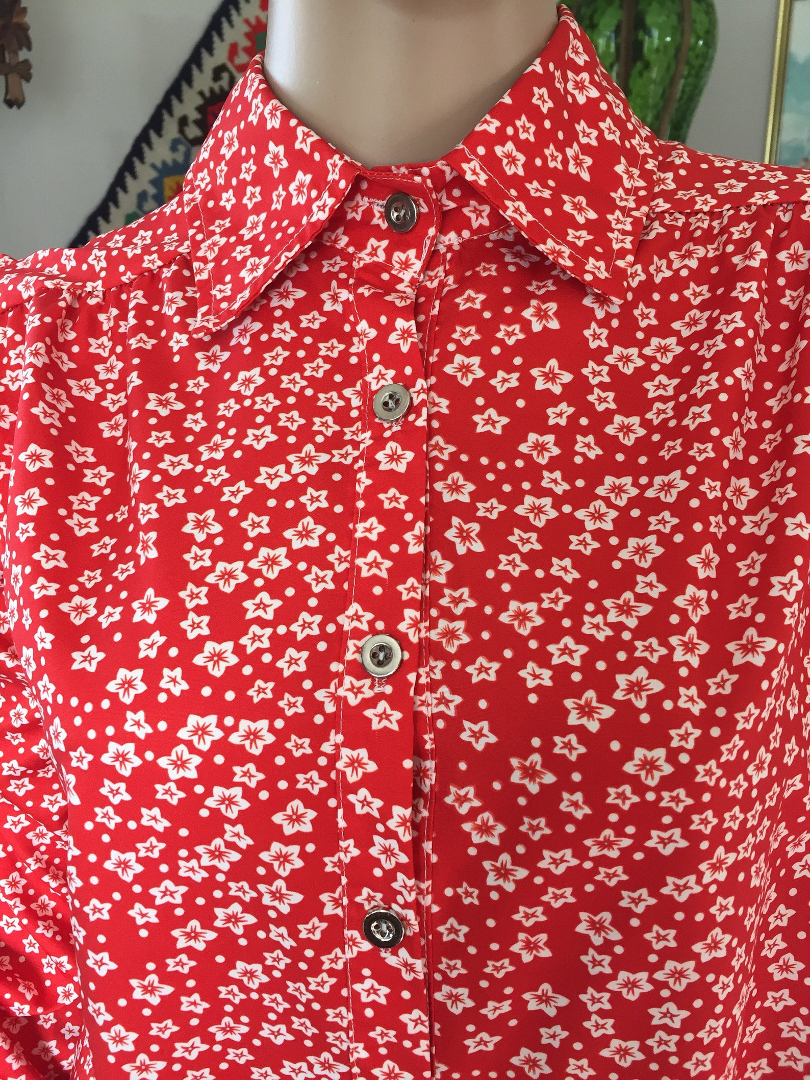 Vintage Handmade Red Blouse Tiny White Flowers Long Sleeved Etsy
