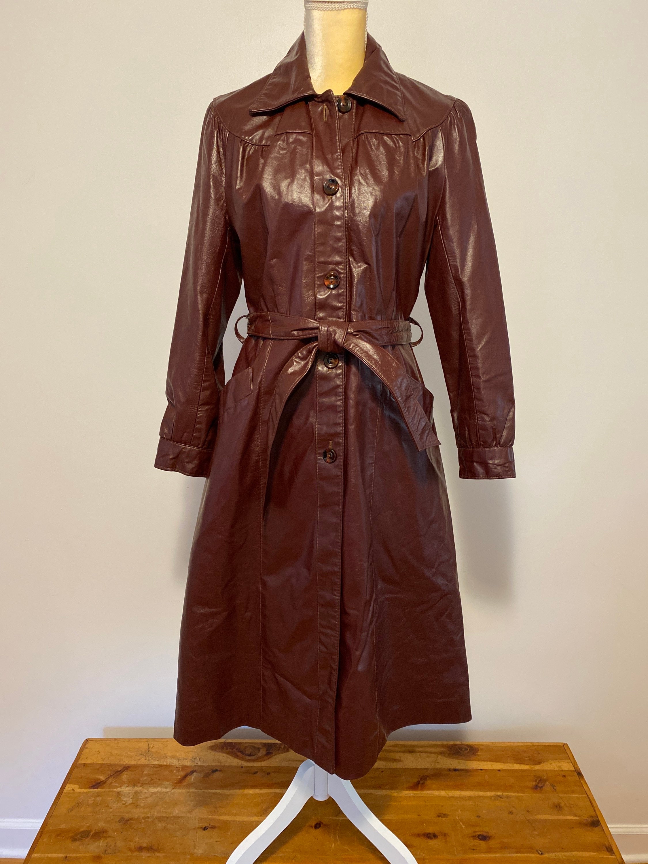 【希少品】Vintage Leather Long Trench Coat Vintage Leather Long Trench Coat, Below Knee, Pockets, Button Down