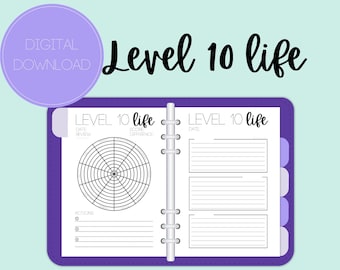 May include: A purple planner with the words "Level 10 life" in black script. The planner is open to two pages, one with a circular chart and the other with lined sections. The words "Digital Download" are in a purple circle.