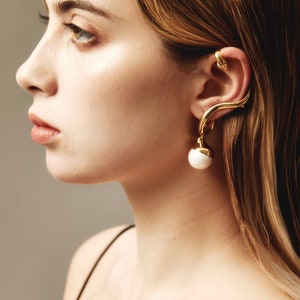 Adjustable 18k Yellow Gold Vermeil Gold Ear Cuff, White Pearl, Devotion Collection image 1