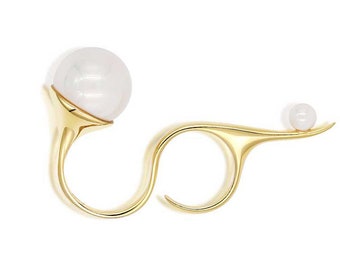 18k Gold Vermeil 2 finger Adjustable Ring, with White shell Pearl, Devotion Collection, For Better Chakras