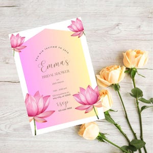Elegant Lotus Bridal Shower Invitation Customizable Digital Download | Floral Wedding Shower Template
