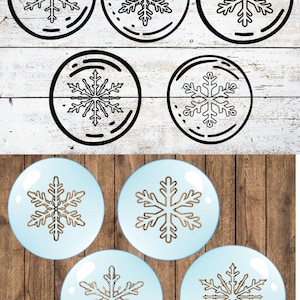 May include: A collection of snowflake designs. The top row features black and white snowflake illustrations within circular frames. The bottom row showcases light blue circular designs with gold snowflake patterns, perfect for winter-themed crafts or decorations.