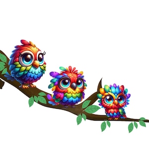 Imágenes prediseñadas de aves extravagantes y caprichosas: Aves coloridas en ramas PNG, arte de rama único