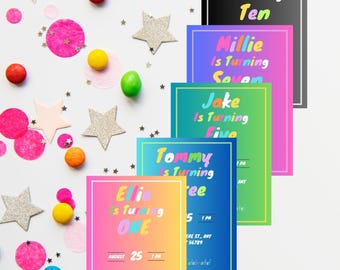 Pode incluir: Vários convites coloridos para festas de aniversário, com nomes e idades como "Katie is Turning Ten" e "Ellie is Turning One." Os convites são rodeados por confetes de estrelas e círculos.