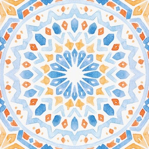 May include: A circular watercolor pattern with a white background and blue, orange, and red geometric shapes. The pattern is symmetrical and has a mandala-like design.