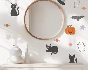 Pastel Halloween Wall Decal Set, Ghost, Cat, Pumpkin (24 Elements)