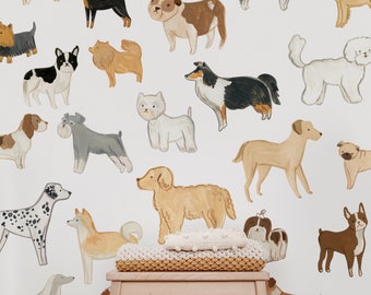 Può includere: Illustrazioni di cani di varie razze, tra cui dalmata, barboncino e bulldog, dipinte ad acquerello su sfondo bianco. Un piccolo sgabello in legno sostiene coperte piegate. I cani sono dipinti in tonalità di marrone, nero e bianco.
