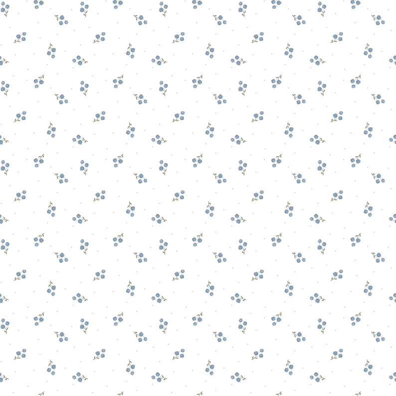 May include: A seamless pattern featuring small clusters of blue flowers on a white background. The flowers are arranged in a repeating pattern, creating a delicate and feminine design.