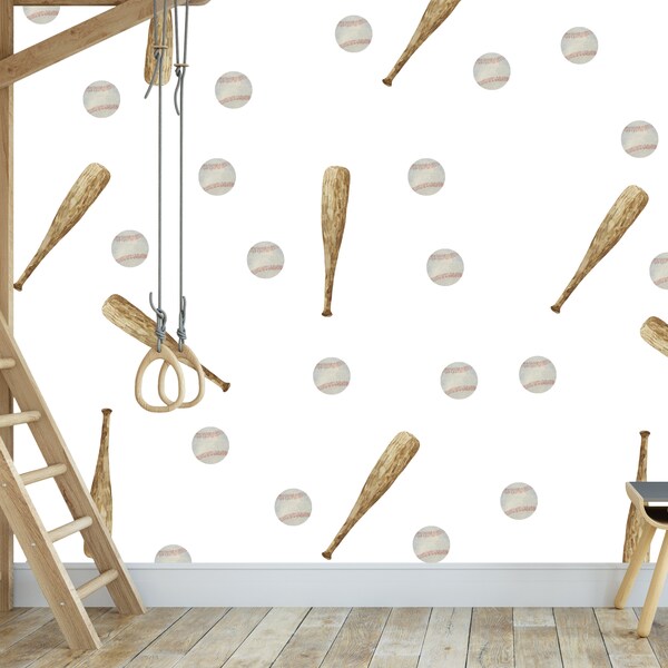 Vinilo decorativo de pared con diseño de bates y pelotas de béisbol – Vinilo mate removible