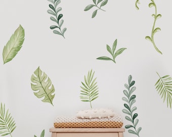 Watercolor Jungle Leaf Wall Decals, Tropical Nursery Decor, Removable Peel and Stick Vinyl, Boho Greenery Stickers, Plant Wall Art Set
