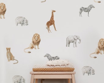 Jungle Animal Wall Decals, Safari Nursery Decor, Removable Peel and Stick Vinyl, Tropical Kids Room, Lion Elephant Giraffe Decal Set