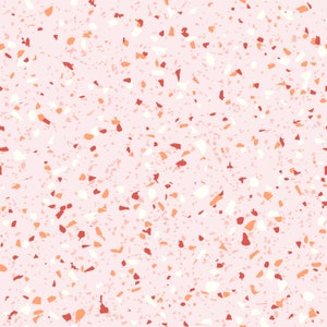 May include: A seamless pattern with a pink background and a terrazzo design. The pattern features small, irregular shapes in white, orange, and red.