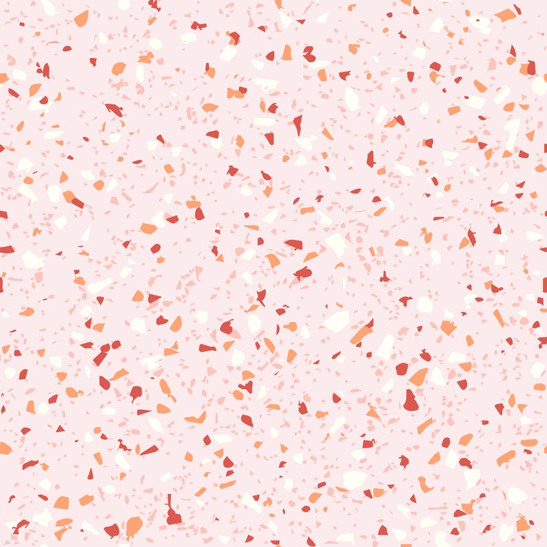 Puede incluir: Un patr&oacute;n sin costuras con un fondo rosa y un dise&ntilde;o de terrazo. El patr&oacute;n presenta peque&ntilde;as formas irregulares en blanco, naranja y rojo.