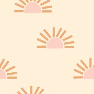 May include: A seamless pattern featuring a repeating design of pink and orange sunbursts on a light beige background.