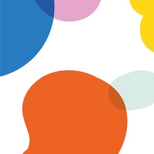 Peut inclure: Fond abstrait avec des formes colorées superposées en bleu, orange, rose, jaune et vert clair.