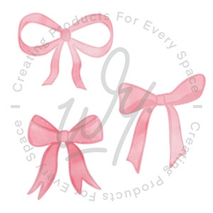 May include: Three watercolor-style pink bows of varying designs on a white background. The bows have a soft, translucent appearance. The text "Creating Products For Every Space" is in a circle around the bows.