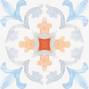 May include: A symmetrical tile design with a central square in red, surrounded by four orange shapes. The tile is decorated with a repeating pattern of blue and gray floral motifs.