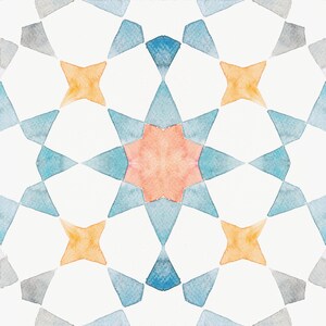 May include: A seamless pattern with a repeating geometric design. The pattern features blue, orange, and gray watercolor shapes.
