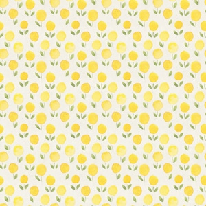 May include: A seamless pattern of yellow watercolor flowers with green stems on a white background.