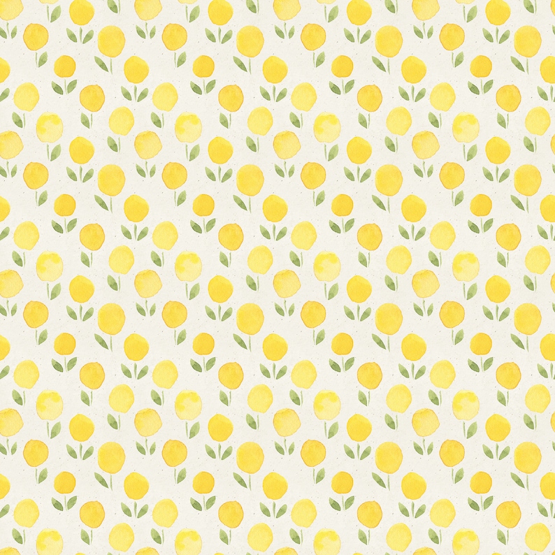 May include: A seamless pattern of yellow watercolor flowers with green stems on a white background.