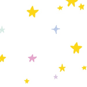 May include: A white background with scattered yellow, pink, and blue stars. The stars are hand-drawn and have a whimsical, childlike style.