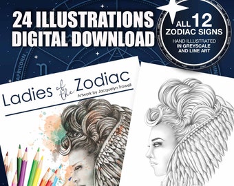 LADIES of the ZODIAC, 24 Coloring pages (2 ZIP file instant download, line and greyscale, Adult Coloring Page, woman, female, portrait art)