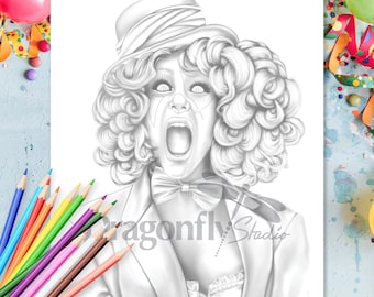 SCREAM CLOWN, Coloring page (PDF instant download, Adult Coloring Page, surprised, silly, female clown portrait art)