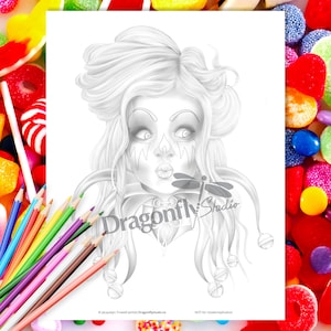 PUCKER CLOWN, Coloring page (PDF instant download, Adult Coloring Page, Goth jester female clown portrait art)