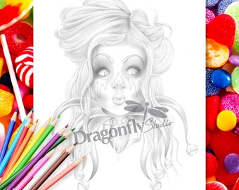 PUCKER CLOWN, Coloring page (PDF instant download, Adult Coloring Page, Goth jester female clown portrait art)