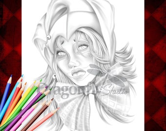 MELANCHOLY CLOWN, Coloring page (PDF instant download, Adult Coloring Page, female clown portrait art)
